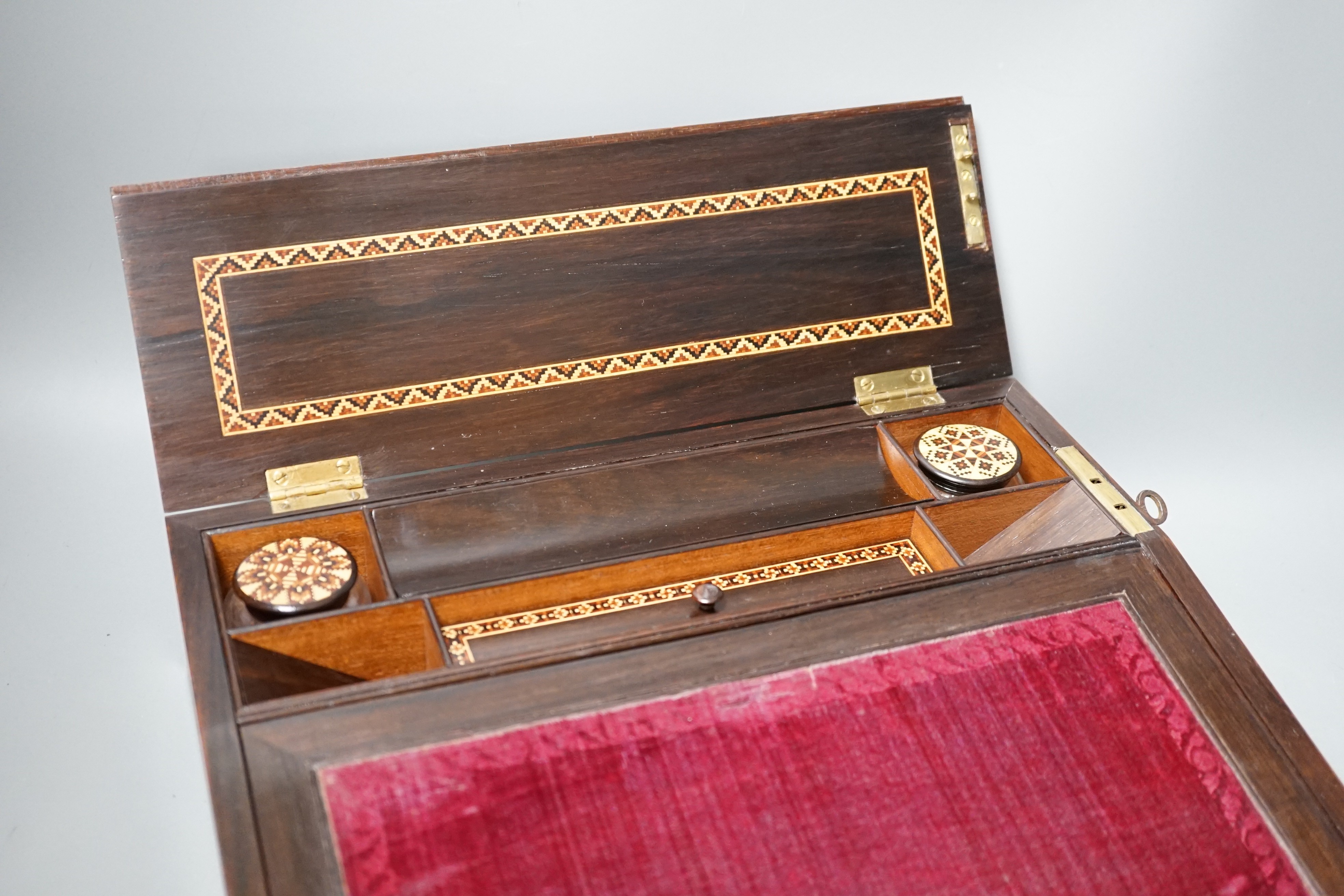 A Tunbridge ware rosewood, perspective cube marquetry and mosaic writing slope, view of Hever castle, 30.5cm wide